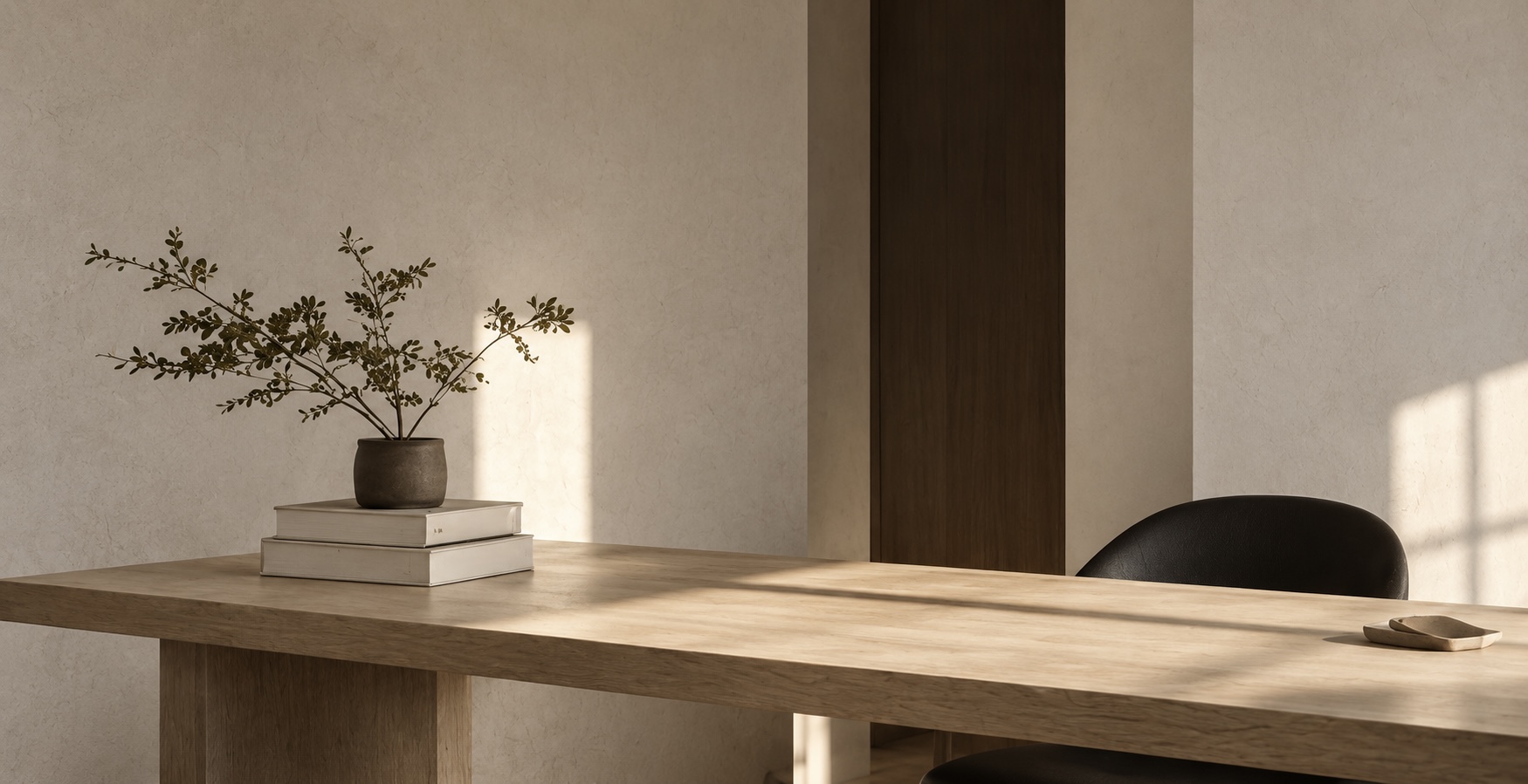 Estudio con mesa de madera y composición decorativa minimalista